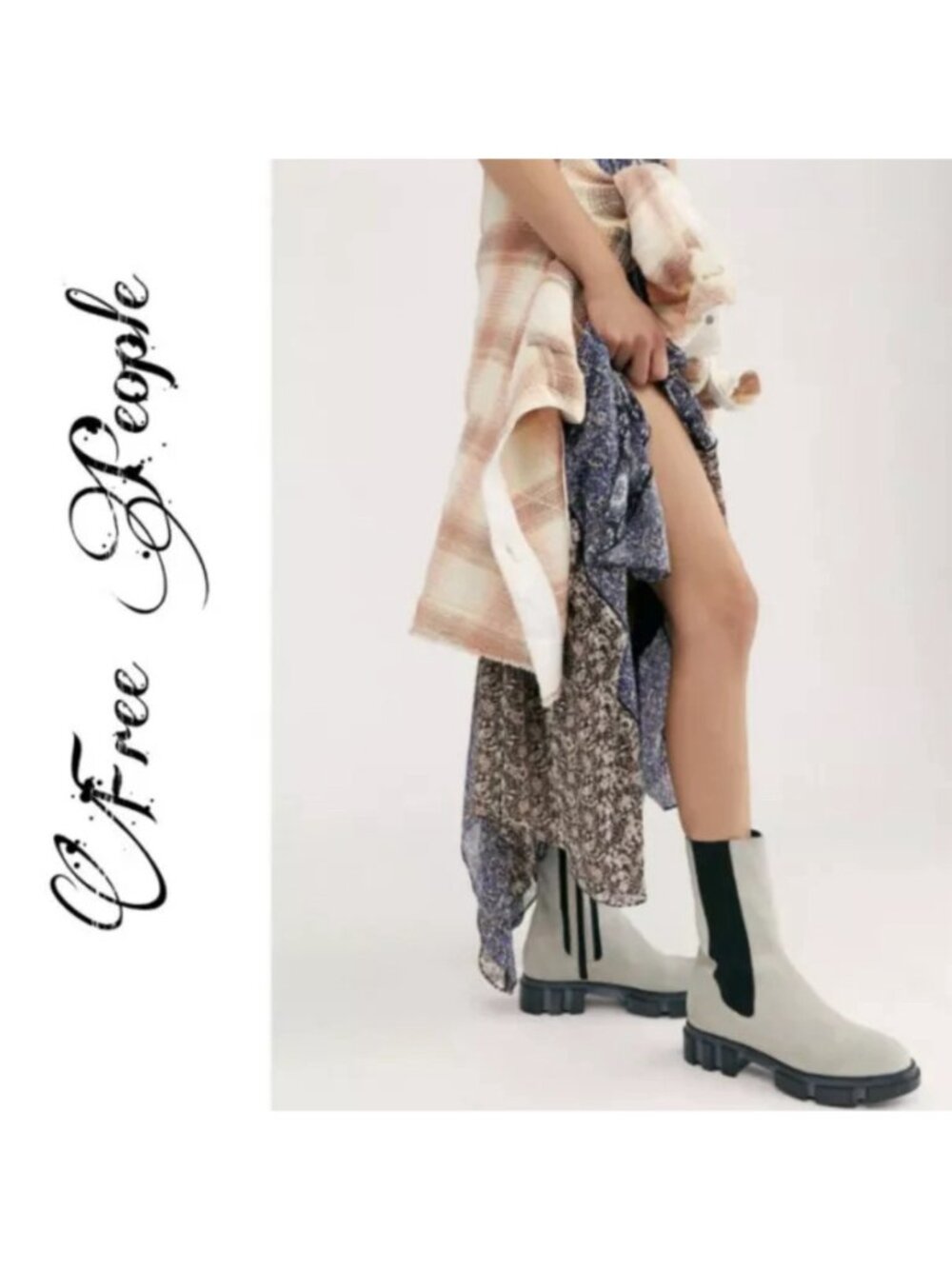 Free People Brooks Suede Gray Lug Sole Chelsea Boot Elastic Side Panel Size 36.5
